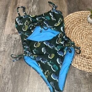 Aerie green pineapple print one piece with cutout size small NWOT